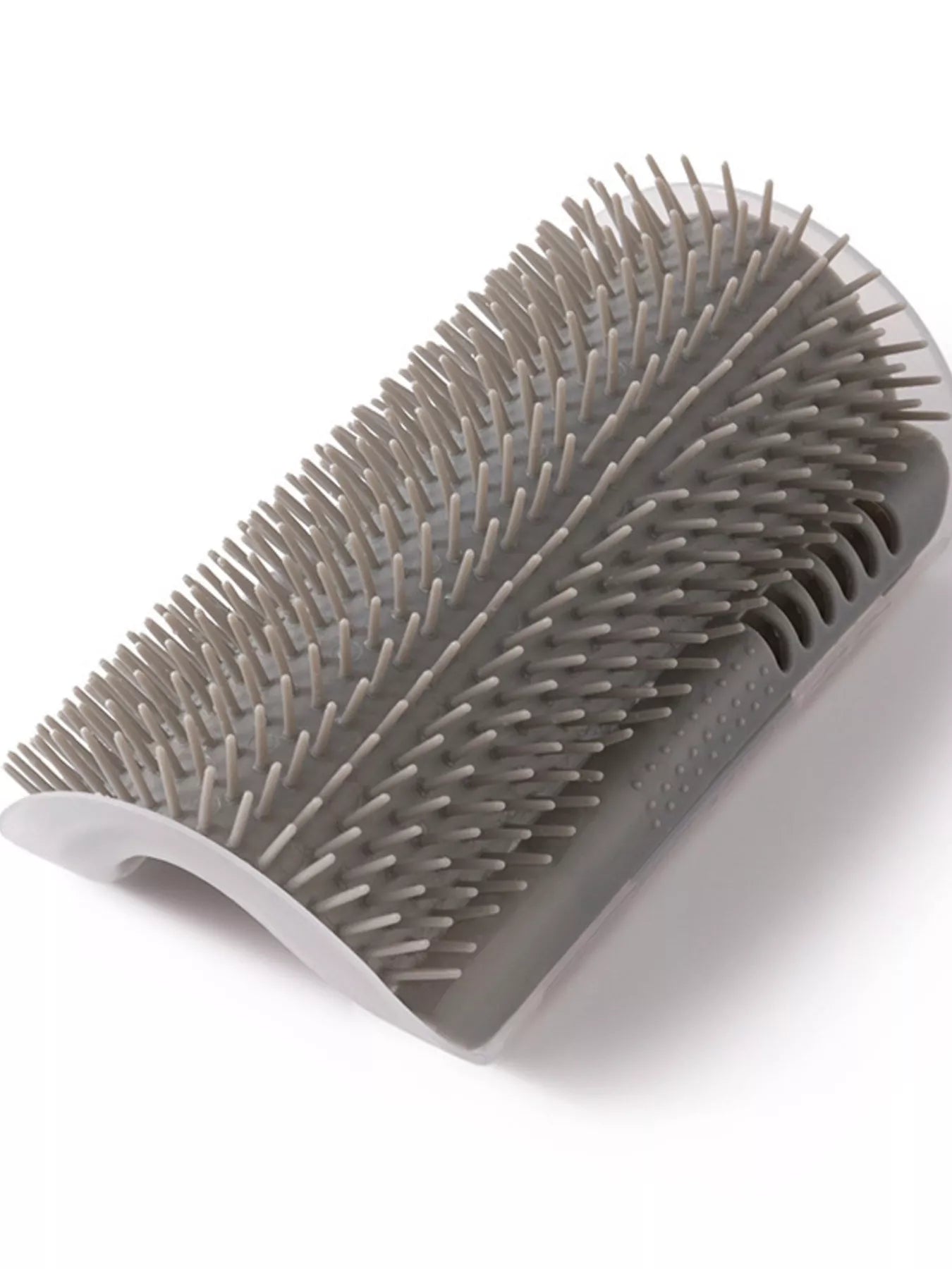 Brosse auto-toilettage pour chat en forme de L ou d'angle, design ergonomique en plastique bleu turquoise avec surface couverte de picots massants en silicone souple, produit photographié sur fond blanc isolé, montrant les deux faces perpendiculaires de la brosse murale
