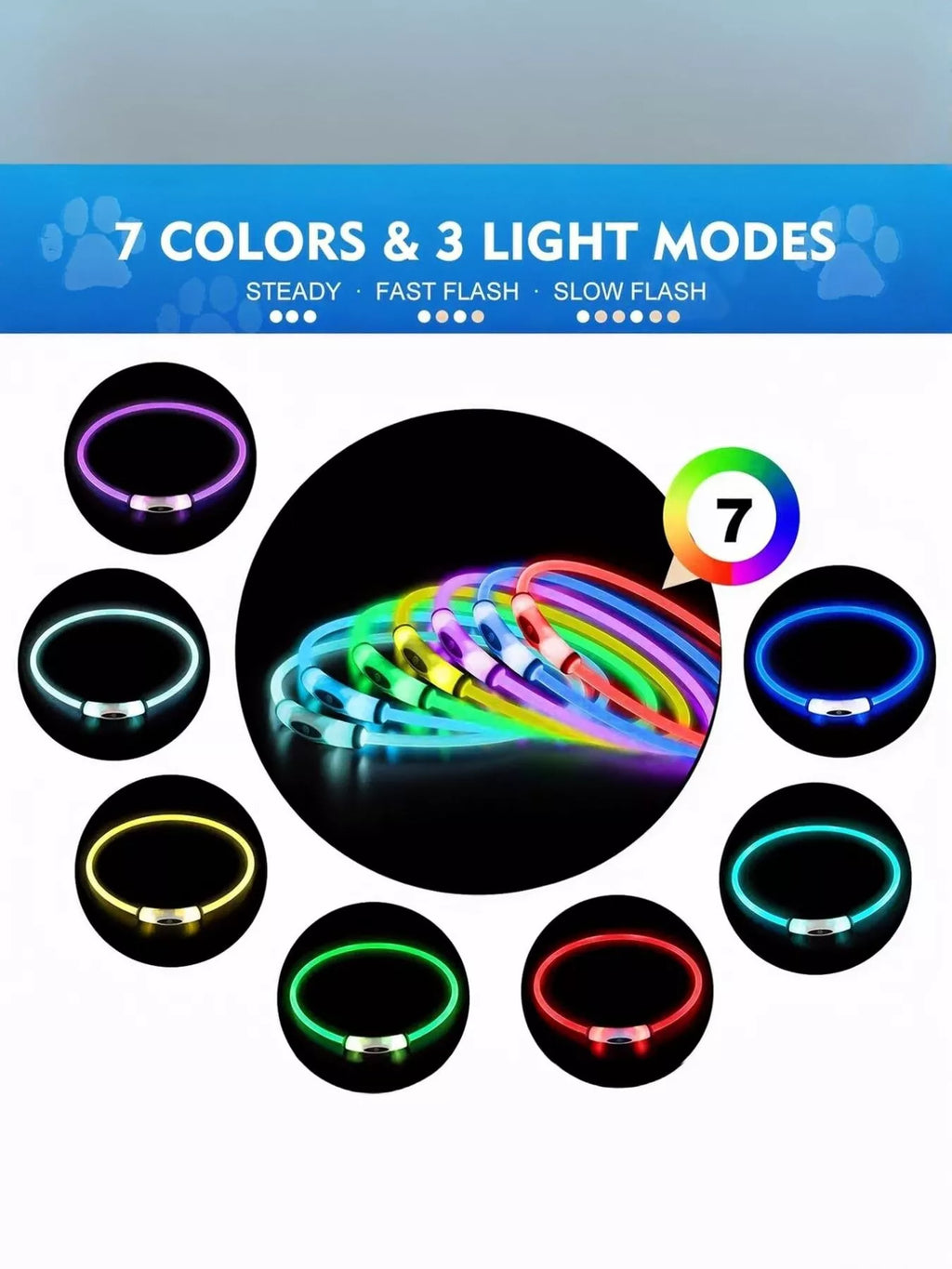 Collection complète des couleurs disponibles du collier LED rechargeable pour animaux : bleu turquoise, vert fluo, rouge vif, rose fuchsia, orange éclatant, tous illuminés simultanément sur fond noir pour montrer l'intensité lumineuse de chaque option de couleur, permettant de choisir selon les préférences esthétiques

