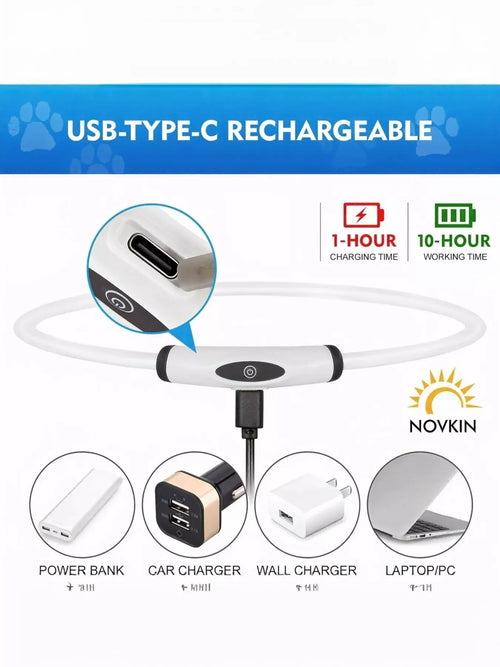Collier LED rechargeable USB lumineux pour chien et chat en silicone souple, couleur bleu turquoise brillant dans l'obscurité, montrant le dispositif de sécurité nocturne anti-perte avec lumière LED éclatante visible à 500 mètres, produit photographié sur fond noir pour démontrer l'intensité lumineuse
