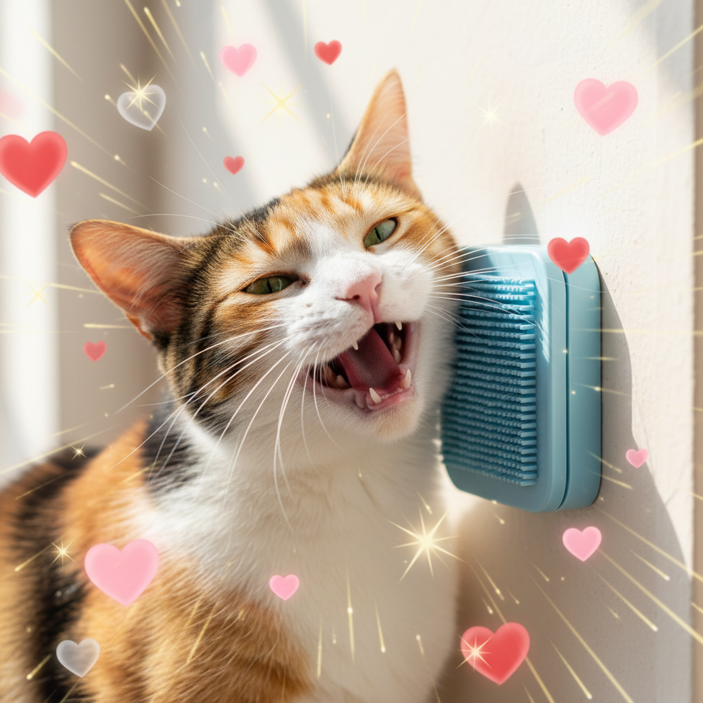 Chat calico tricolore radieux avec un grand sourire de satisfaction, frottant affectueusement sa joue contre une brosse auto-toilettage bleue d'angle, yeux mi-clos de bonheur, pelage magnifique et brillant, ambiance joyeuse avec cœurs et étoiles suggérant le bien-être et la satisfaction totale du félin, illustration du bonheur apporté par le produit
