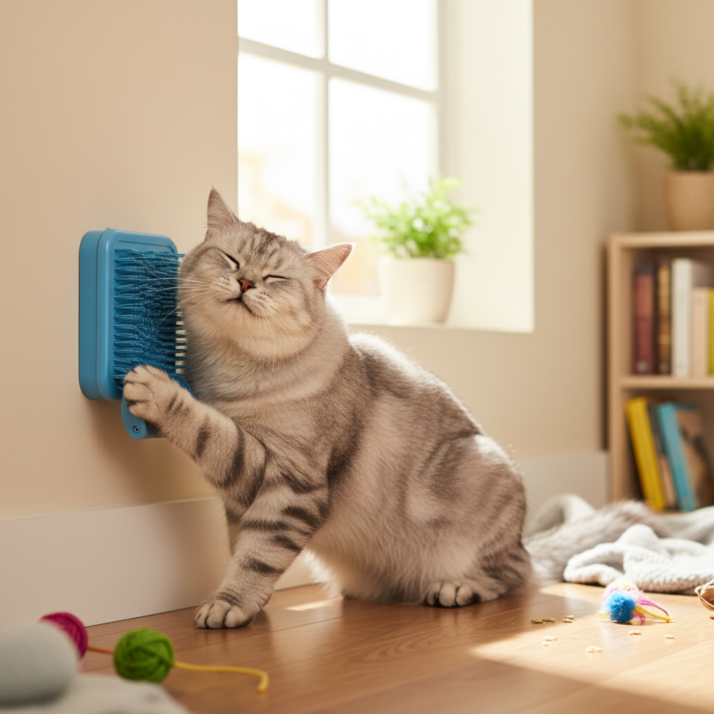 Chat gris moelleux profitant pleinement de sa brosse murale auto-toilettage bleue, s'étirant de contentement pendant qu'il se masse contre les picots doux, expression détendue et pampered, montrant l'excitation et le plaisir procurés par l'utilisation du produit de toilettage autonome pour chat, scène vibrante et positive

