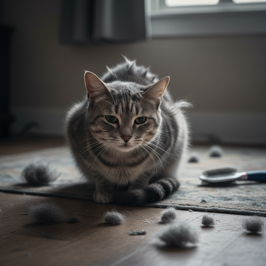 Chat gris stressé et malheureux entouré de nombreux poils perdus et boules de poils éparpillés sur le sol, incapable de se toiletter correctement, pelage emmêlé et terne, expression de frustration et d'inconfort, atmosphère déprimante aux couleurs ternes, illustration des problèmes causés par l'absence de brosse auto-toilettage pour chat
