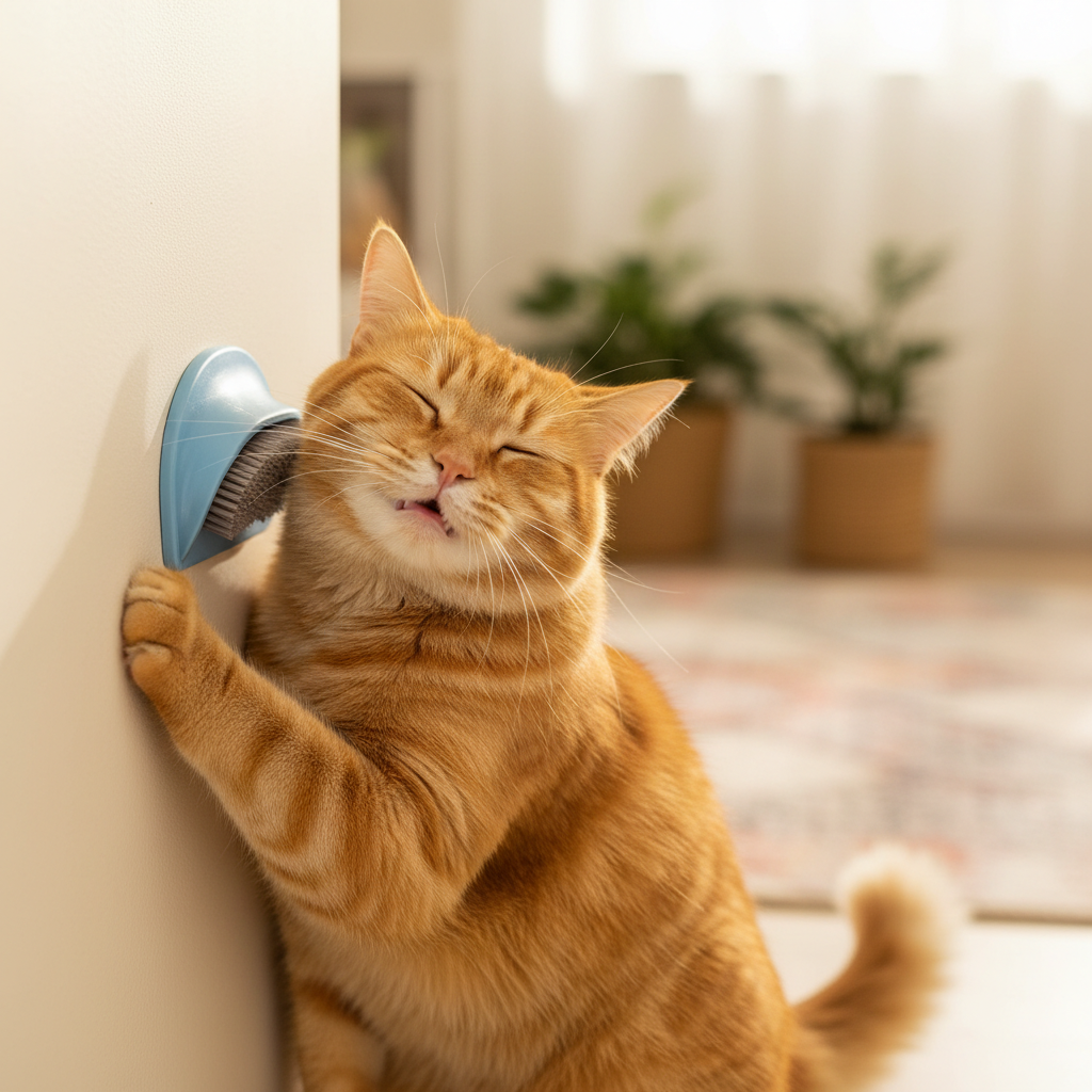 Chat tigré roux et blanc extrêmement heureux se frottant avec plaisir contre une brosse auto-toilettage bleue d'angle fixée au mur, yeux fermés en signe de contentement, expression de pur bonheur et satisfaction, pelage brillant et bien entretenu, démonstration des bienfaits du produit de massage et toilettage pour félins, atmosphère chaleureuse et positive
