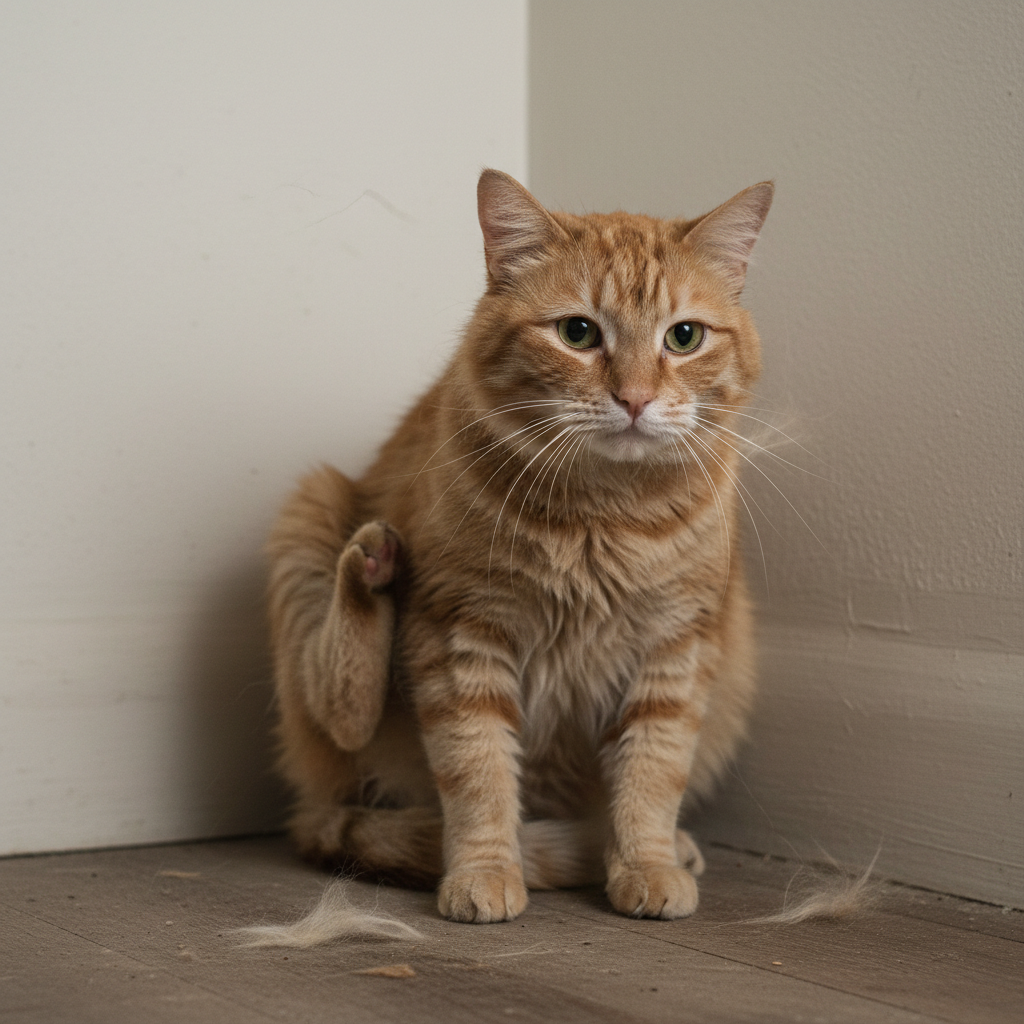 Chat tigré roux malheureux et frustré assis seul dans un coin sans brosse de toilettage, air inconfortable et misérable, essayant maladroitement de se gratter contre un mur blanc vide, pelage terne et en désordre avec poils morts visibles, atmosphère sombre et triste, démonstration du problème d'absence d'outil de toilettage adapté pour chat
